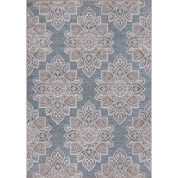 StyleWell Blue 5 ft. x 7 ft. Floral Indoor/Outdoor Patio Area Rug