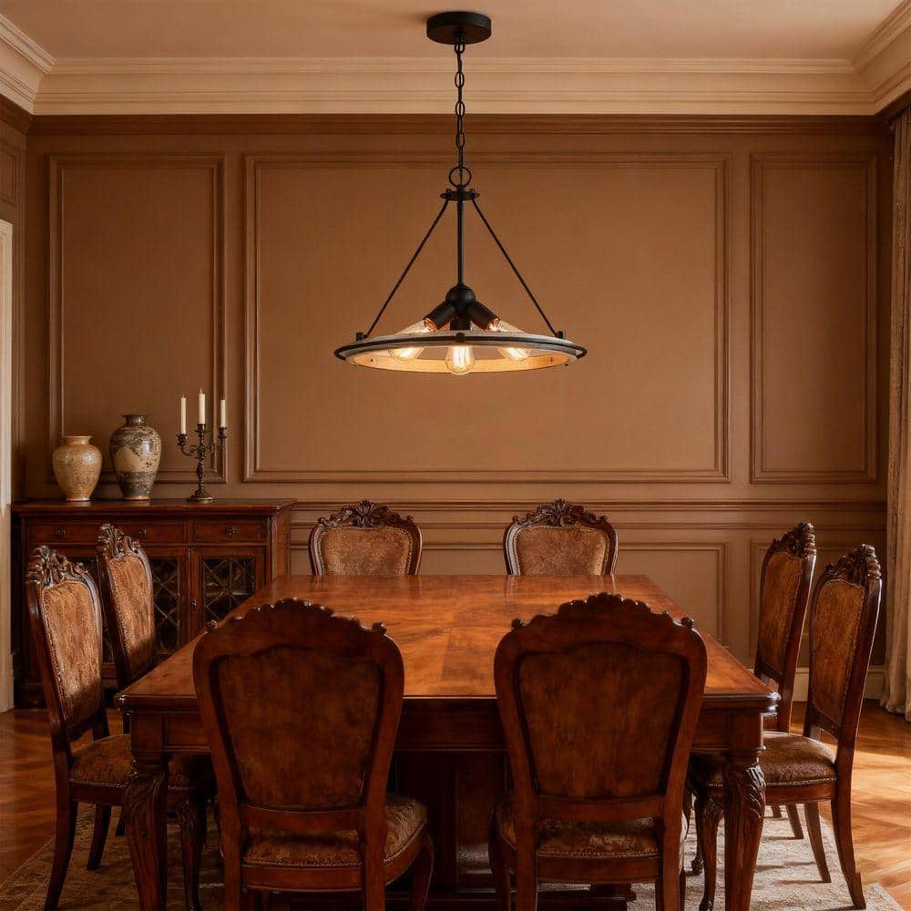 Miscool Avex 3-Light Wood and Black Pendant Light with Round Steel ...
