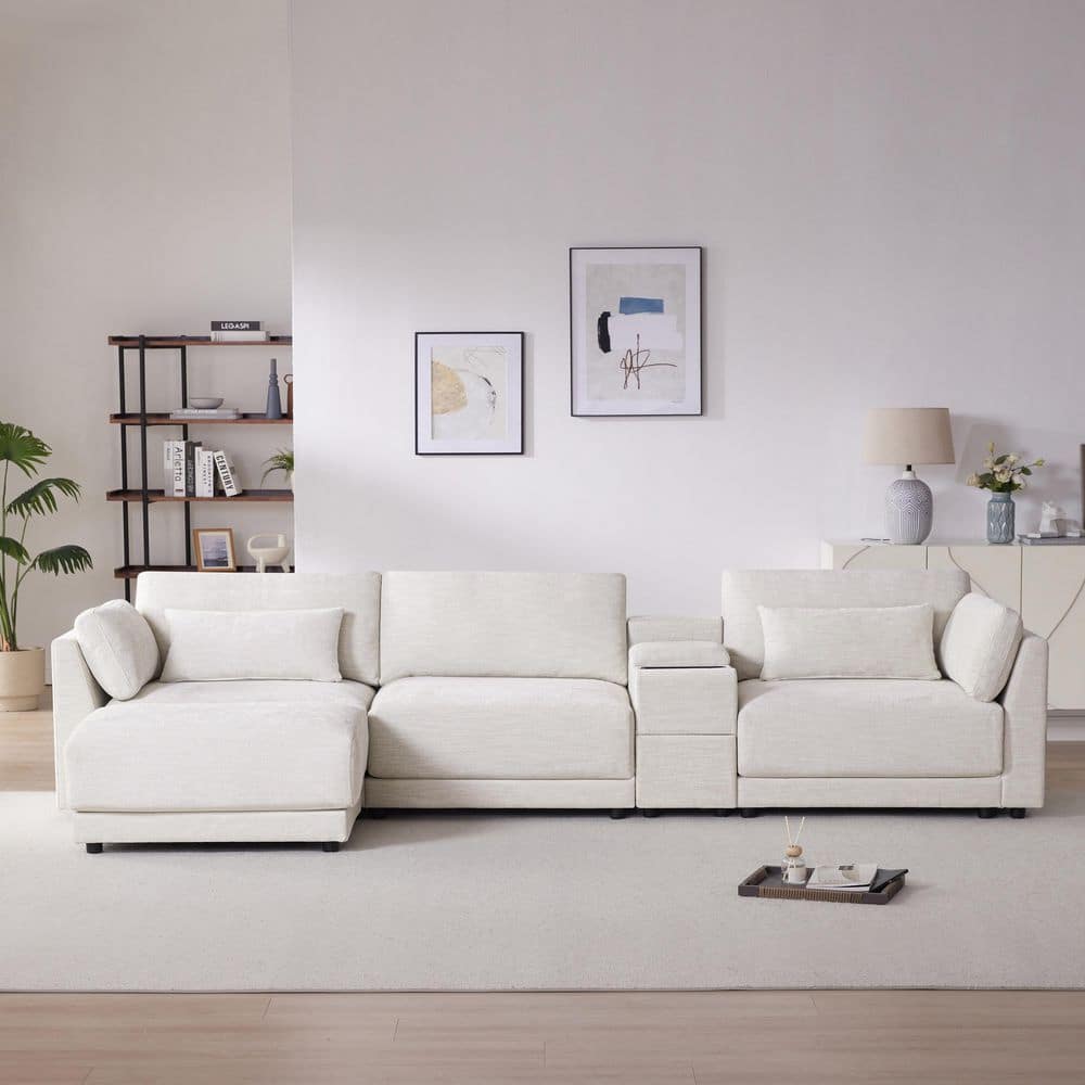 124 in. L Shaped 4 Seat Chenille Modular Sectional Sofa in. Beige with Stor