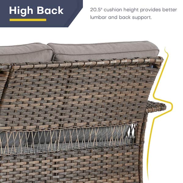 Opohoro Brown Wicker Outdoor Couch, 3-Seat Patio Wicker Sofa