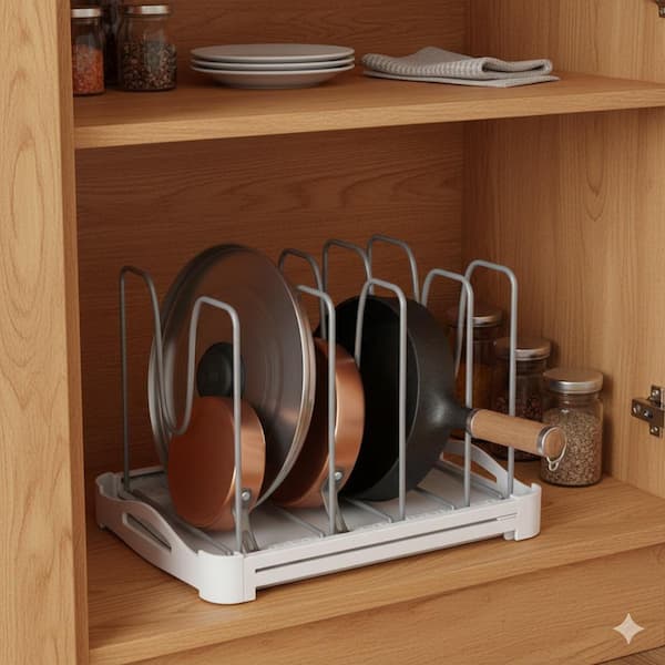 Standing White Stainless Steel Adjustable Bakeware Organizer Pot Lid Holder Heavy Duty Kitchen Pot Rack 7.7x12.6-21.5in