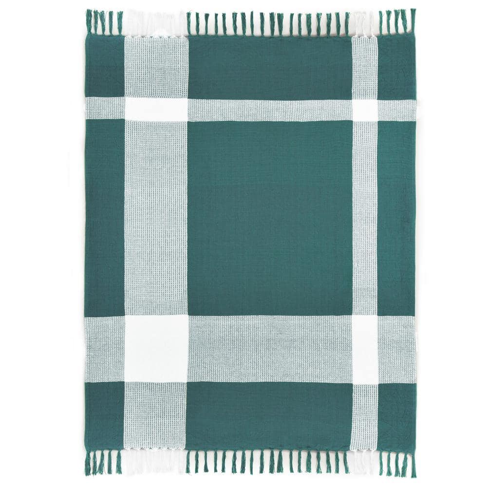 Hailee Pine Green/White Hand-Woven Plaid Farmhouse All Natural Cotton Throw