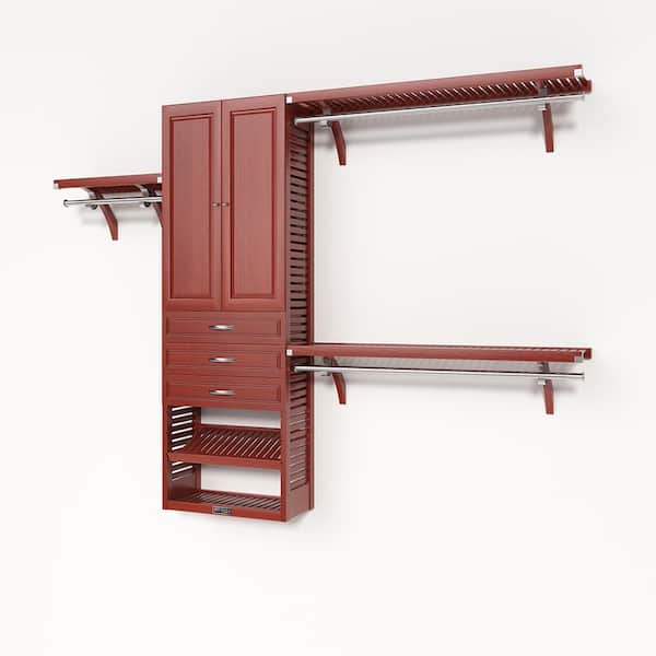 John Louis Home 72 in. W - 120 in. W Red Mahogany Reach in with 3 Drawers and Wood Door 12 in. Shelf Wood Closet System