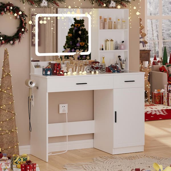 Hommpa 2-Drawers White Makeup Vanity Desk with LED Lighted Mirror, Power Strip, 3-Tier Storage Shelves and Hair Dryer Holder