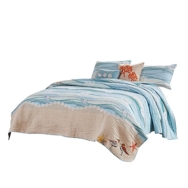 Benjara 5-Piece Blue Solid Queen Size Microfiber Quilt Set