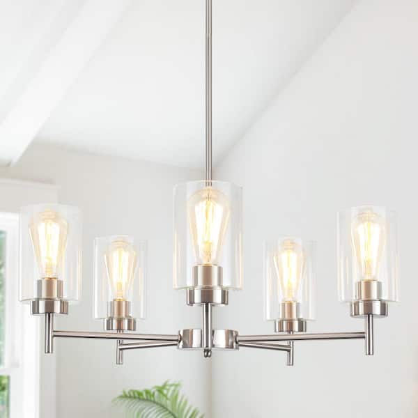 LWYTJO Delmo 5-Light Nickel Dimmable Rustic Chandelier with Cylinder Glass Shade Kitchen Island Pendant Light for Living Room