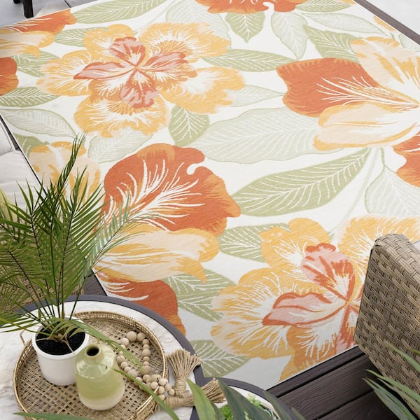 Flora Orange 8 ft. x 10 ft. Floral Indoor/Outdoor Area Rug