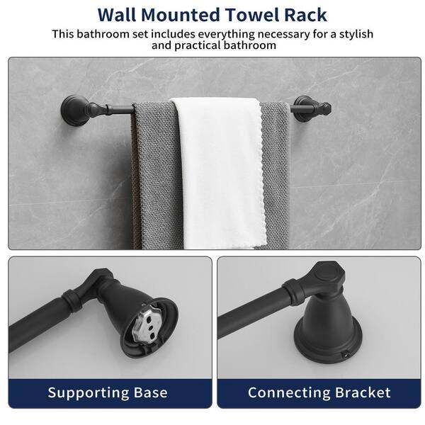 4-Piece Bath Hardware Set with Towel Bar Hand Towel Holder Toilet Paper Holder Towel Hook Modern Square in Matte Black