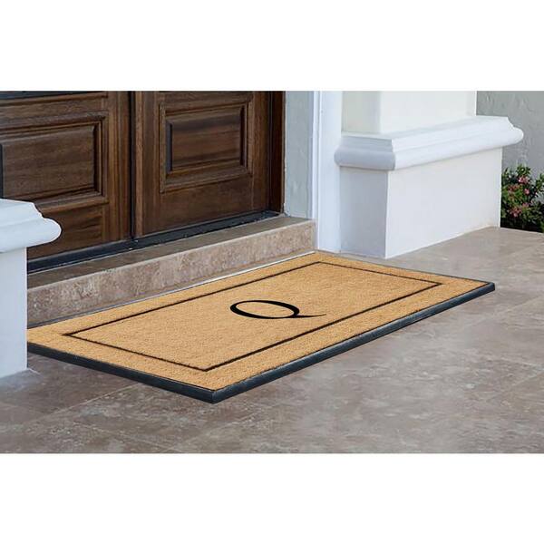 A1 Home Collections A1hc Beige 18 in. x 30 in. Natural Coir Heavy Duty PVC Backing Outdoor Monogrammed V Door Mat