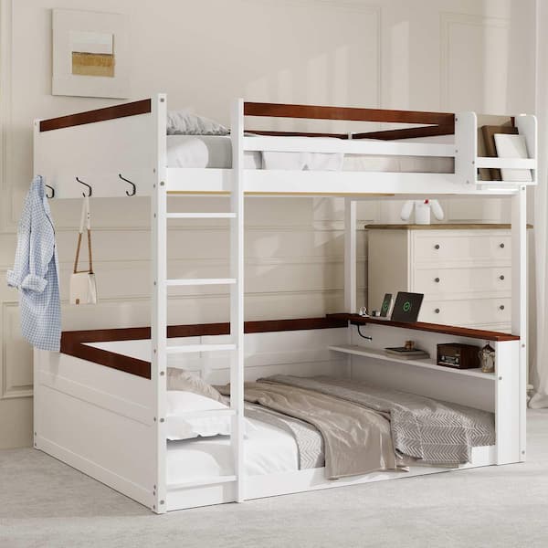 White Queen Over Queen Bunk Bed with Built-in Shelves