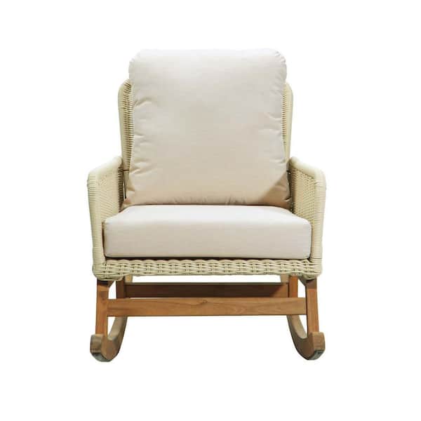 Unbranded Ivory Beige Wood Outdoor Rocking Chair with Ivory Beige Cushions, Patio Rattan Rocker Chair for Garden Backyard Porch