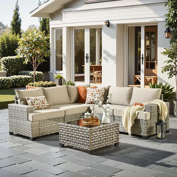 Silvae Gray 6-Piece PE Rattan Wicker Outdoor Sectional Set Patio Conversation Set with Beige Cushion and Table
