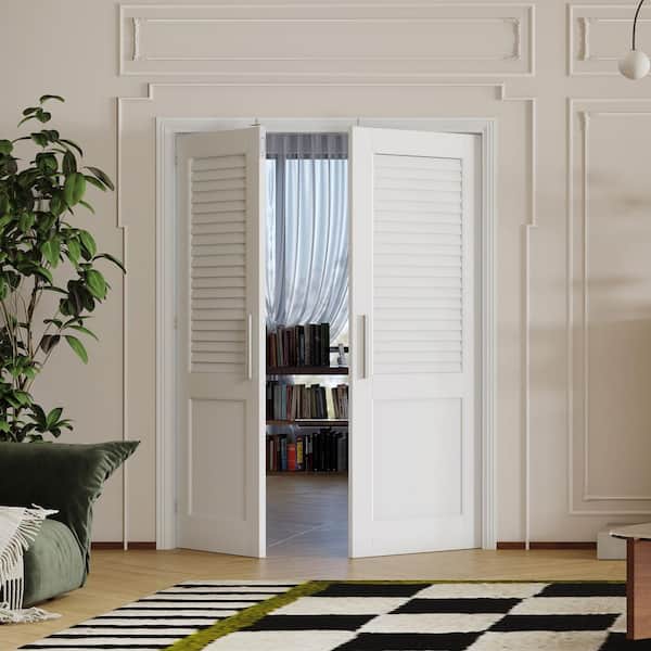 56 in. x 80 in. Solid Wood & MDF, Half Louvered Panel, White Pantry Door, Interior Door Slab With Ball Catch & Top Latch