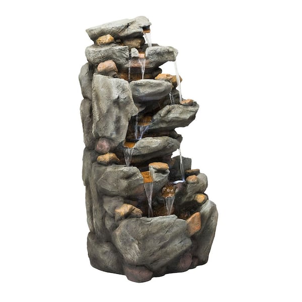 50 in. Tall Outdoor 8-Tier Rock Waterfall Fountain with LED Lights, Grey