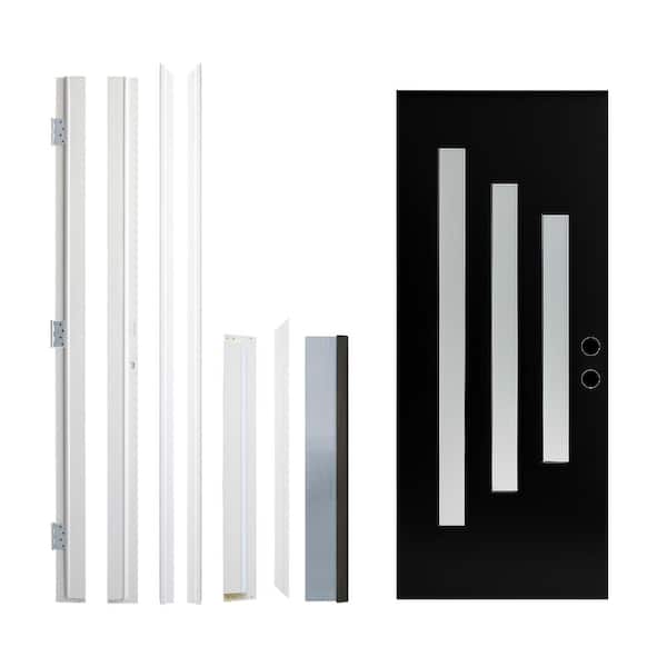 36 in. x 80 in. Black Brush Finished Fiberglass Left Hand Inswing Front Door with 3 Lite Frosted Glass Brickmould