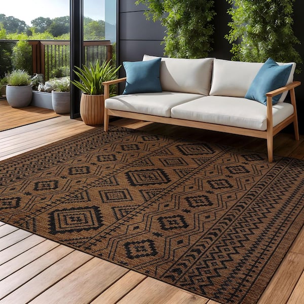 Waikiki Gold/Black 9 ft. x 12 ft. Moroccan Geometric Washable Modern Indoor Outdoor Area Rug