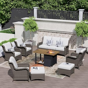Joyoung Gray 8-Piece Wicker Outdoor Patio Fire Pit Table Conversation Seating Set with Gray Cushions
