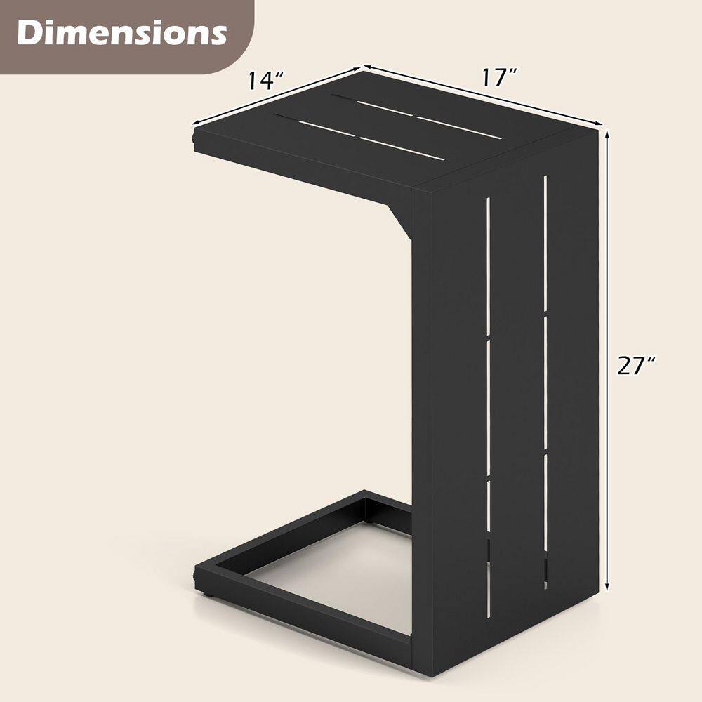 Diagram showing the dimensions of the black C-shaped end table.