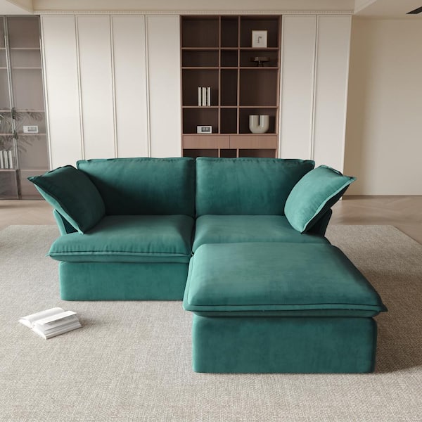 J&E Home 82.5 in.W Square Arm linen 2-Seat L-Shaped Sofa with Storage Ottoman in Green