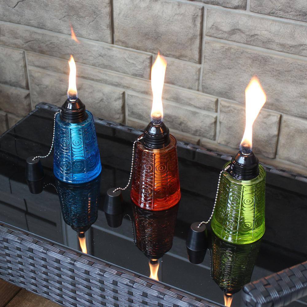 Multicolor Glass Tabletop Torches with Fiberglass Wicks - Set of 3