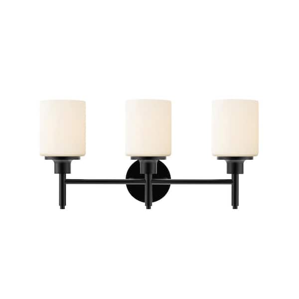 Edvivi 21 in. 3-Light Matte Black Finish Vanity Light with White Glass Shades