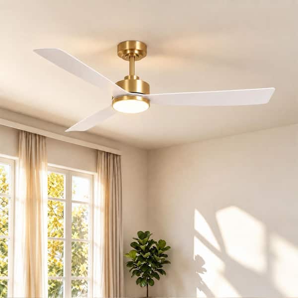 52 in. Indoor Matte White and Gold Brushed Low Profile 3-Colors LED Flush Mount Ceiling Fan with Light Kit and Remote