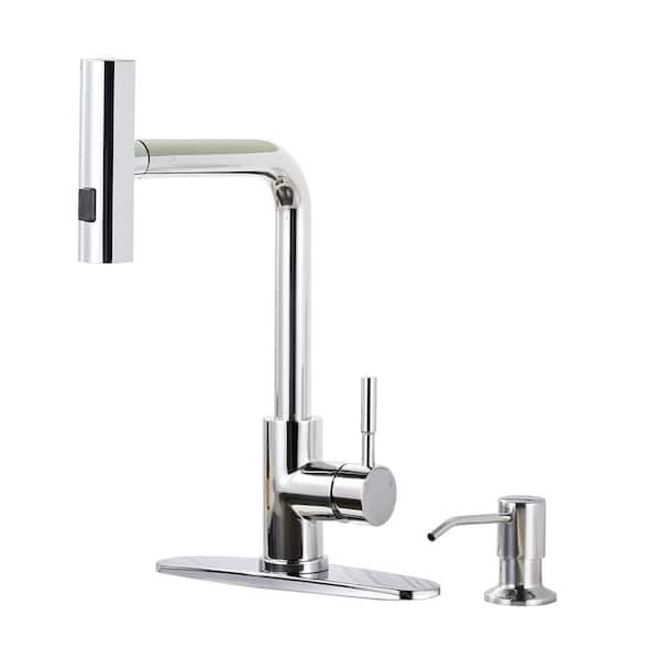 3 Modes Single Handle Waterfall Pull Down Sprayer Kitchen Faucet with Soap Dispenser in Polished Chrome