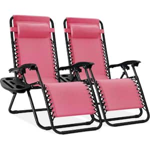 Pink Adjustable Steel Mesh Zero Gravity Lounge Chair Recliners with Pillows and Cup Holder Trays, Set Of 2