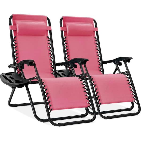ITOPFOX Pink Adjustable Steel Mesh Zero Gravity Lounge Chair Recliners with Pillows and Cup Holder Trays, Set Of 2