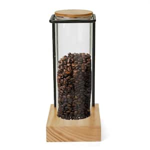 Glass Canister with Bamboo Wood Base & Steel Wire Rack Holder Home or Office Coffee Tank Rack in Clear