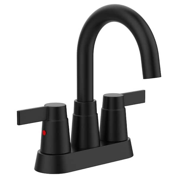 4 in. Centerset Double Handle High Arc Bathroom Sink Faucet with Drain Kit in Matte Black
