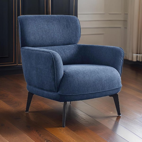 Benjara Blue and Black Polyester Arm Chair with Cushioned Seat and Rounded Track Arms