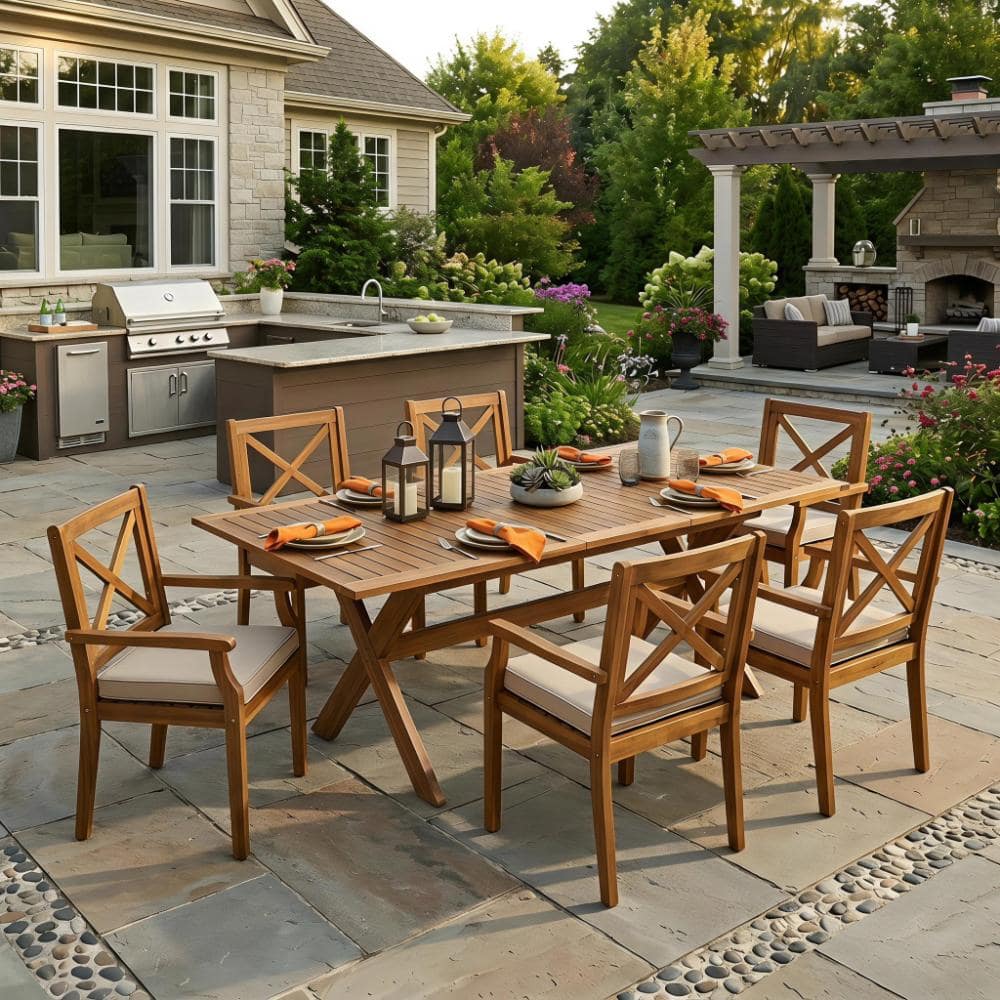 Teak 7 Pieces Acacia Wood Outdoor Dining Set with Cream Cushions, 6 Chairs and 1 Large Expandable Table price history on PriceWatchPro