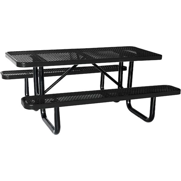 72 in. Black Rectangular Steel Picnic Table Seats 4-6 People with Umbrella Hole