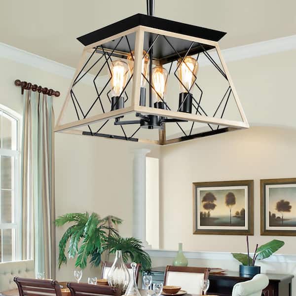 4-Light Farmhouse Chandelier Pendant Vintage Antique Light Fixture for Kitchen Dining Room Living Room in Oak