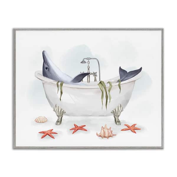Dolphin Lounging in Bath Tub Nautical Shells by Ziwei Li Gray Framed Giclee Art Print Animal 16 in. x 20 in.