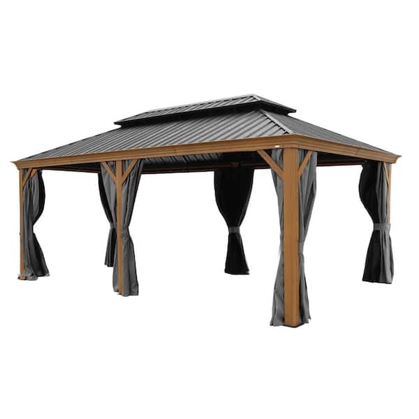 ANGELES HOME 9.59 ft. x 18.8 ft. Galvanized Steel Gazebos with Netting and Curtains in Gray and Black