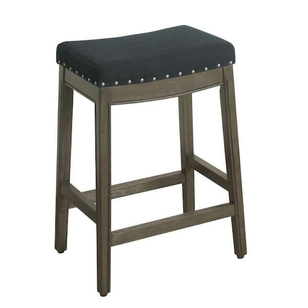 Homepop Blake 26 in. Charcoal Linen Blend with Nailheads Backless Wood Counter Height Barstool
