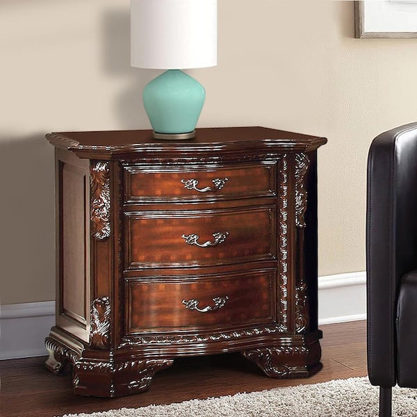 Benjara Brown 3-Drawer Wooden Nightstand with Carved and Molded Details 18 in. L x 30.13 in. W x 29.88 in. H