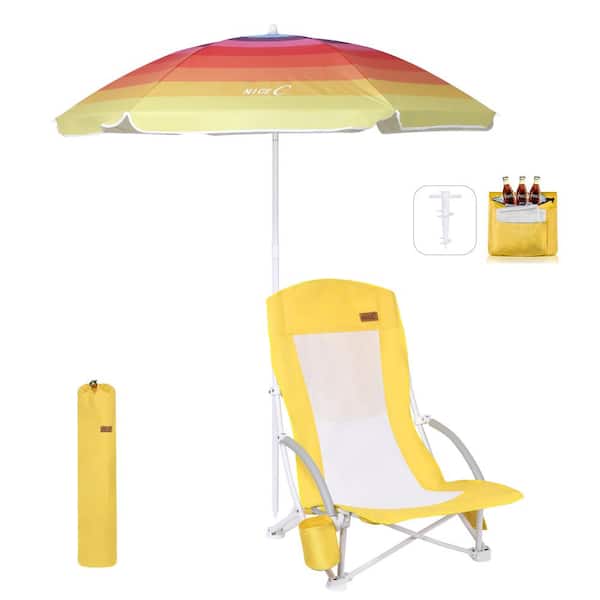 MUKE Beach Chair, Beach Chairs for Adults with Umbrella and Cooler, High Back, Cup Holder & Carry Bag (1-Pack Yellow)