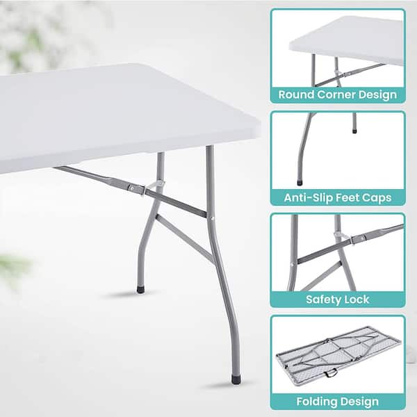 HOMESTOCK 5 ft. Fold in half Table Folding Resin Utility Table Lightweight Resin Table Rectangular Folding Resin Table White 38303 01