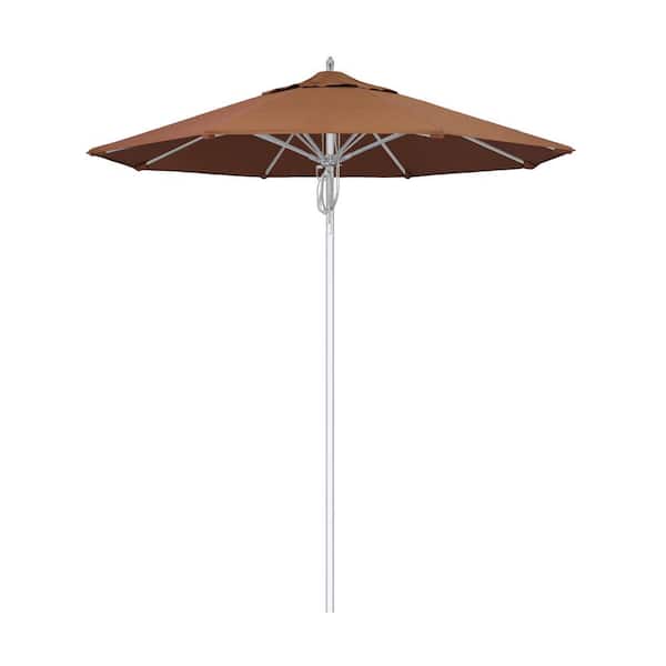 California Umbrella 7.5 ft. Silver Aluminum Commercial Market Patio Umbrella Fiberglass Ribs and Pulley Lift in Heather Teak Sunbrella