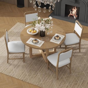 Retro 5-Piece Round Natural Wood Wash MDF Top Table Dining Set with Radial Wood Grain Design, 4-Gray Linen Chairs