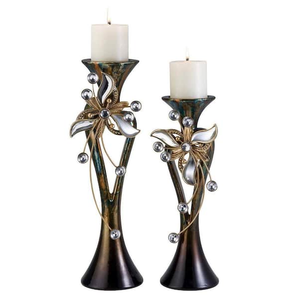 ORE International Florria 15 and 18 in. Espresso Floral Crystal Candle Holder Set