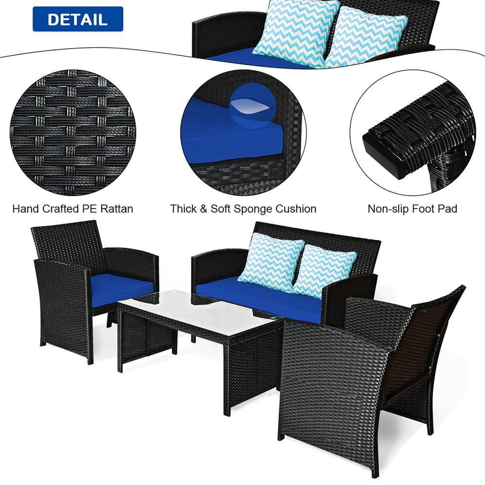Navy Cushioned 4-Piece Black Rattan Patio Conversation Set