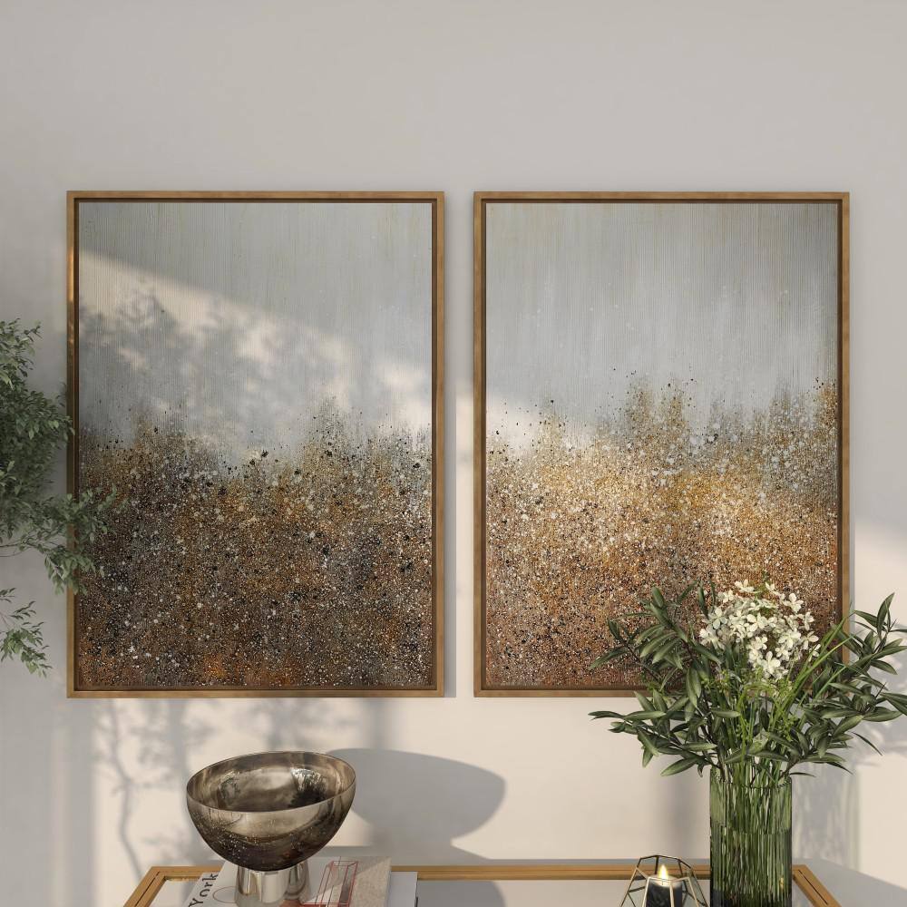 Gold and White Glitter Acrylic Abstract Framed Wall Art Set
