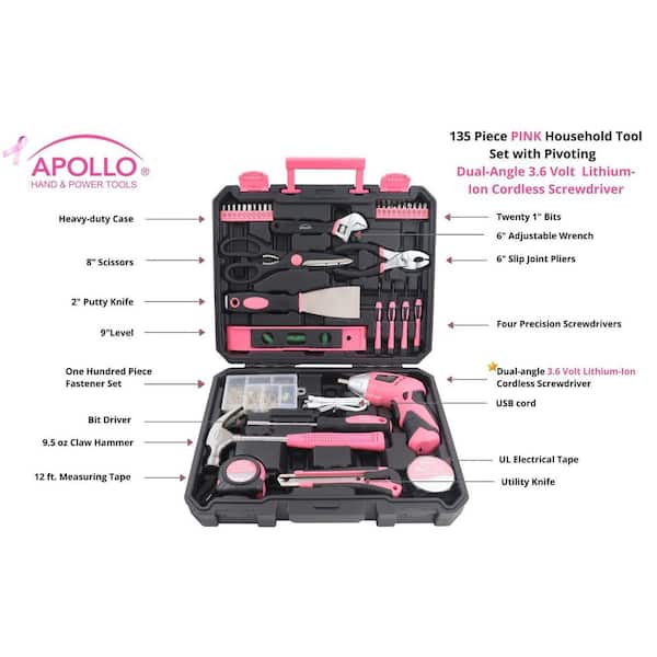 Apollo Household Tool Kit with 16.5 in. Tool Box Pink (170-Piece