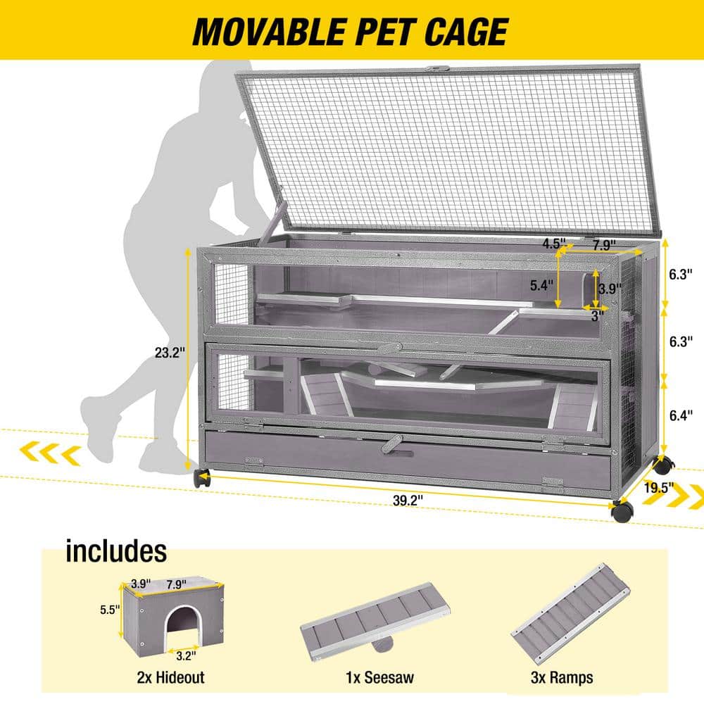 Large Black and Gray Wooden Hamster Cage with Metal Frame