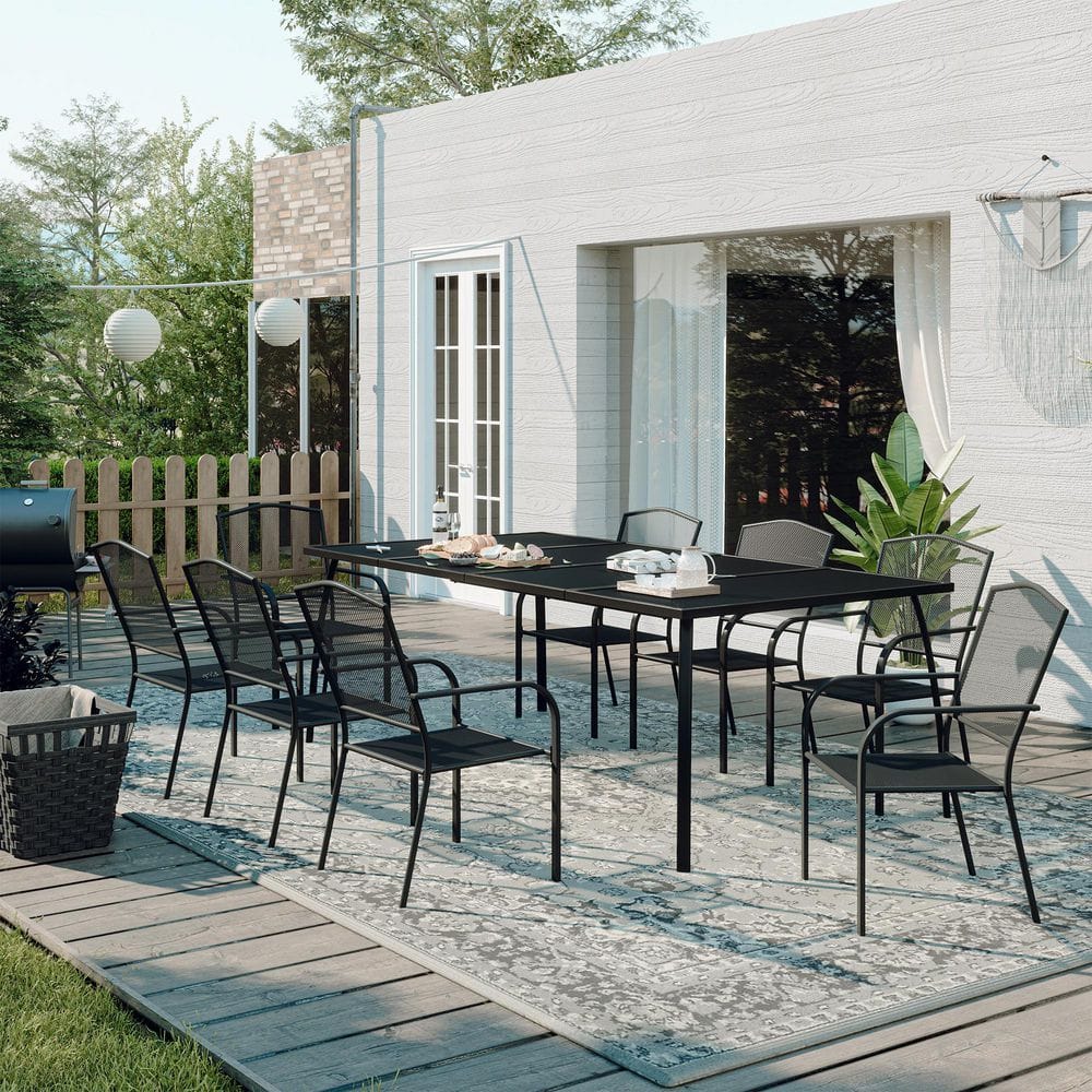 Black 9-Piece Metal Outdoor Patio Dining Set with Rectangle Table and Dining Chair
