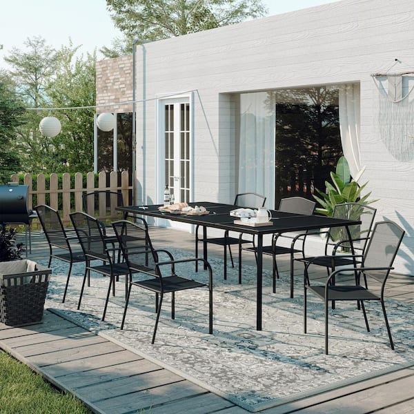 Boyel Living Black 9-Piece Metal Outdoor Patio Dining Set with Rectangle Table and Dining Chair